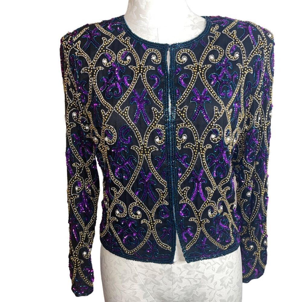 Laurence Kazar Vintage Womens Jacket Size Small Black Sequin Beaded Pure Silk